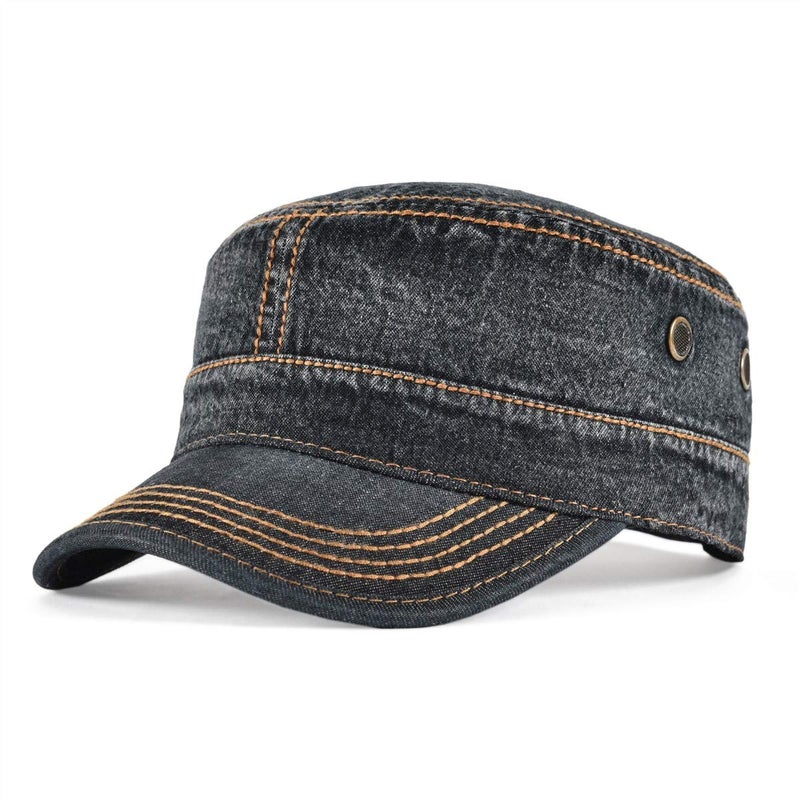 VOBOOM Washed Cotton Military Cadet Army Caps Unique Design Vintage Flat Top Hat (Denim Black) - Image 1